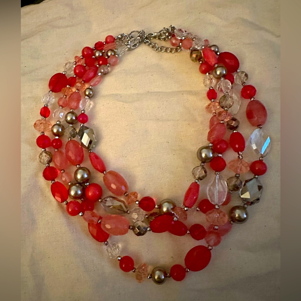 Coral And Silver Multi Layer Statement Necklace - image 1